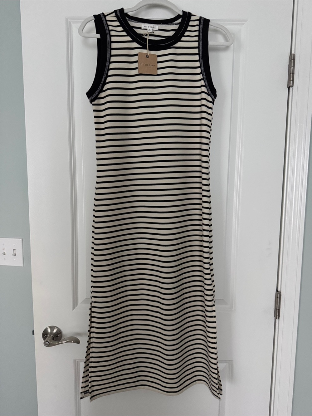 A.P.C. Sleeveless Striped Midi Dress in Black and Cream
